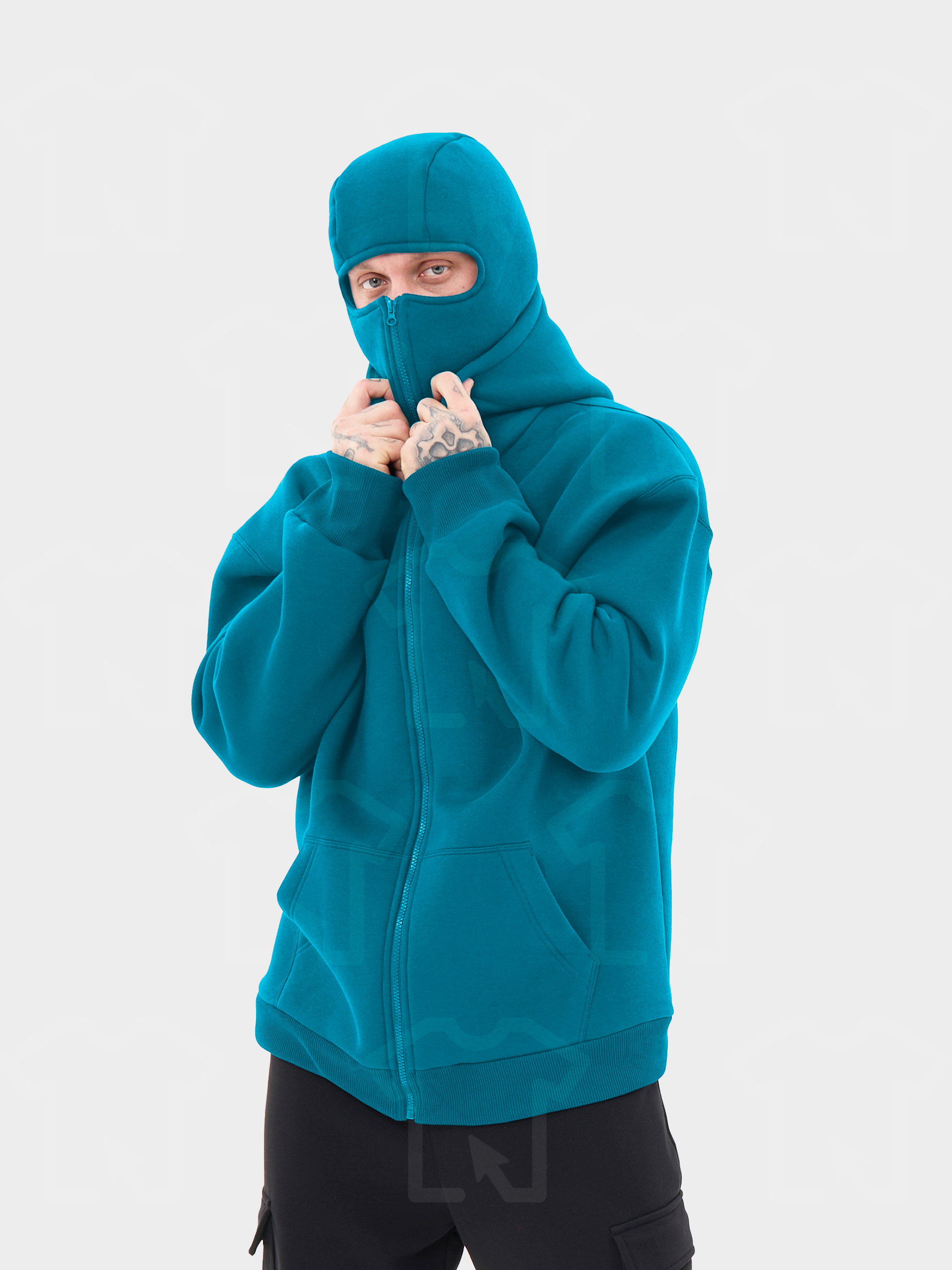 Худи Oversize BALACLAVA ZIP (на молнии) Премиум с начесом, цвет: бирюза, мужские